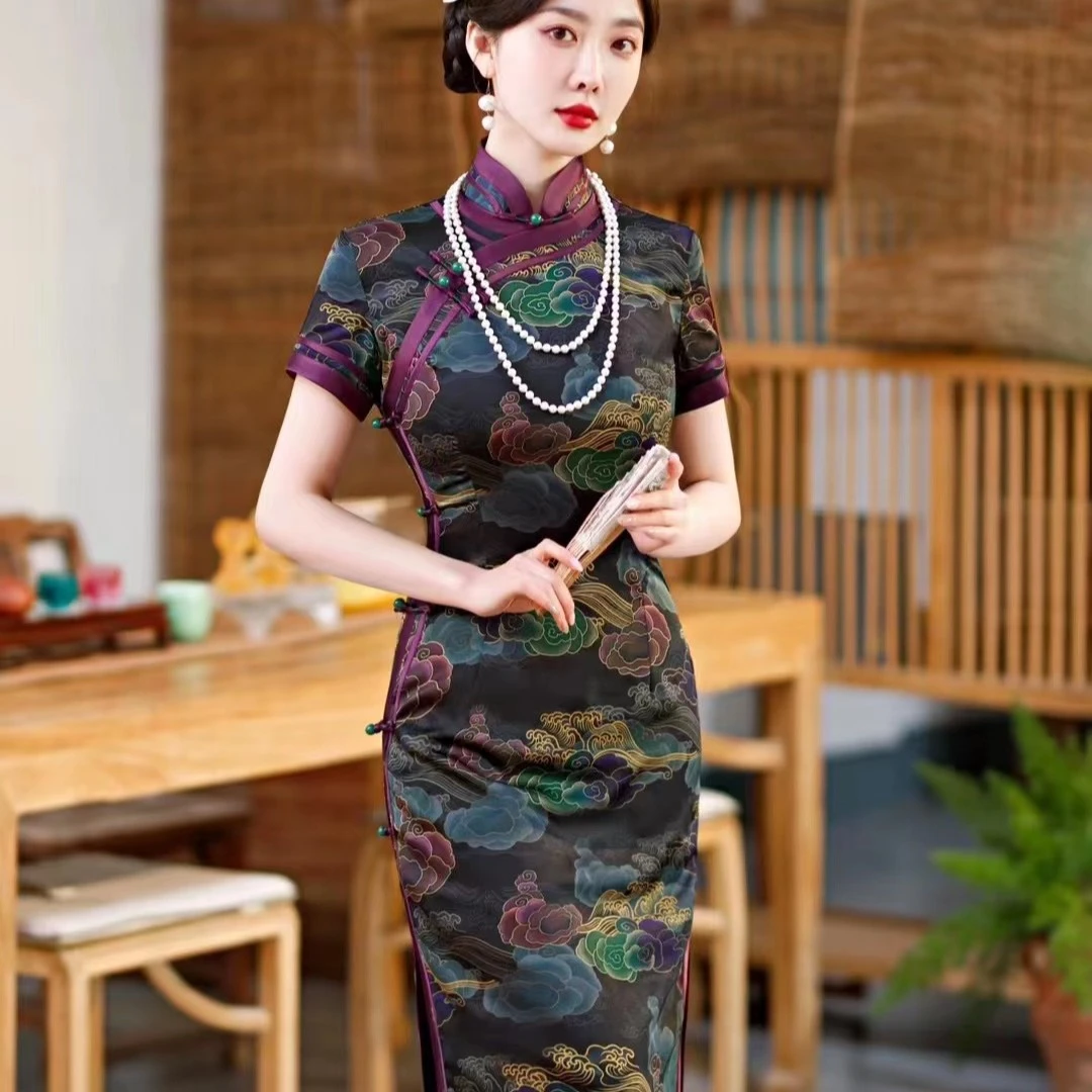 春夏2025新款七彩祥云修身显瘦优雅气质长裙旗袍高级感旗开得胜