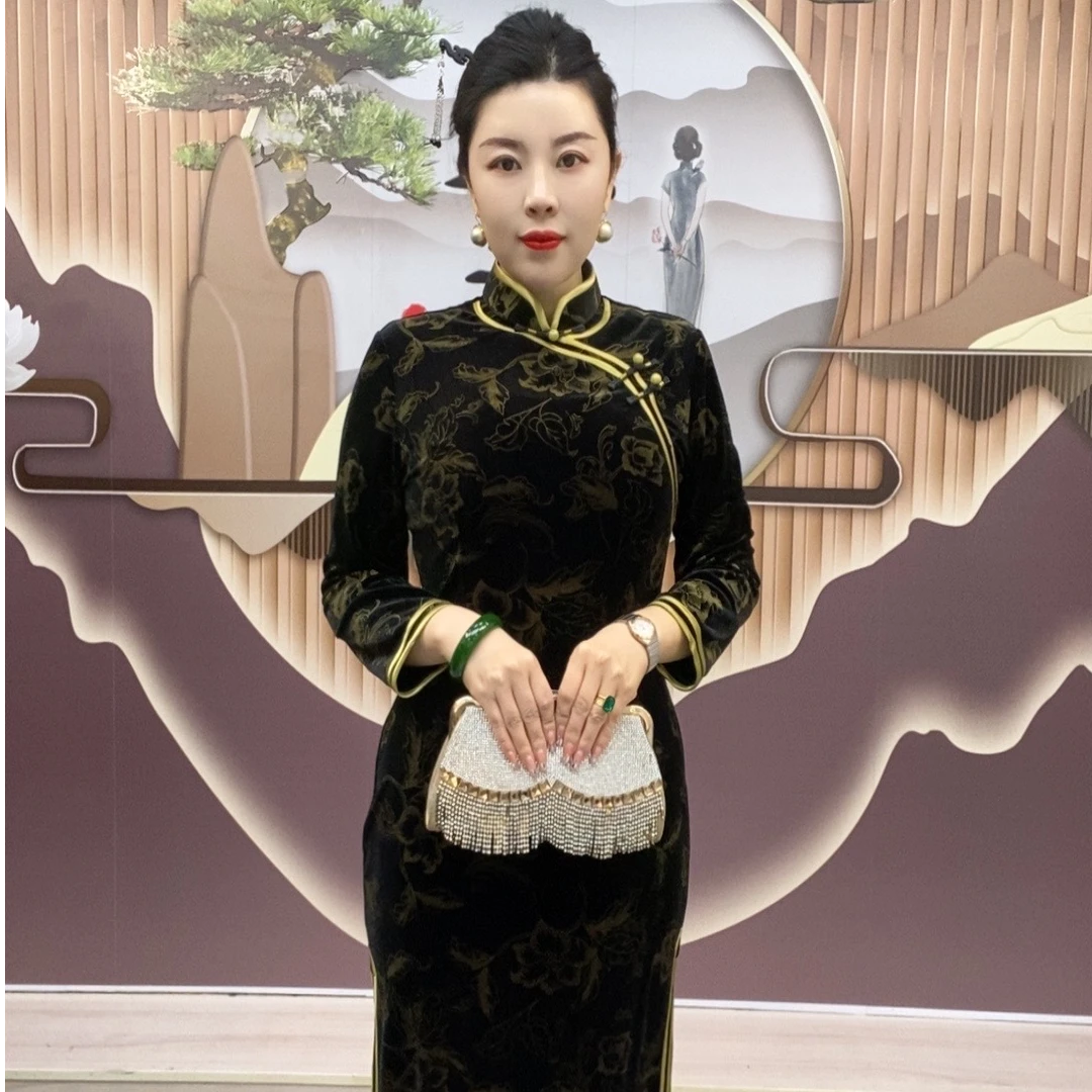 秋季新款黄色2024复古优雅气质中国风旗袍长款修身显瘦日常
