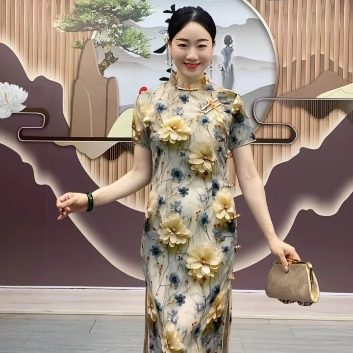 夏季新款2024高端复古气质优雅中国风长款旗袍日常修身显瘦高级感