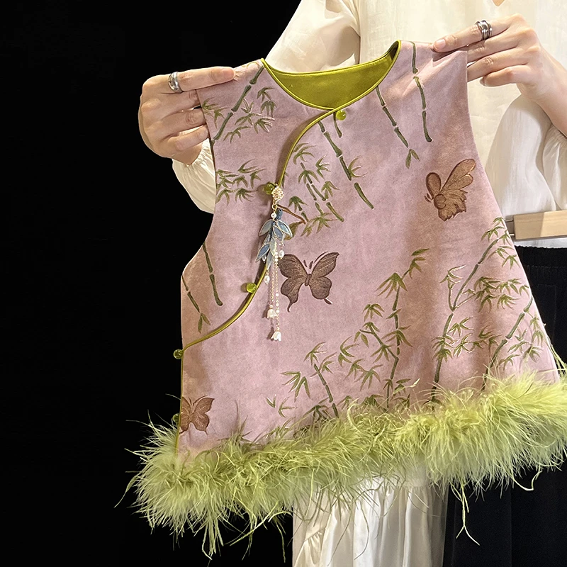 彩虹朵朵2024早春女童竹叶提花新中式马甲鸵鸟毛可拆卸唐装背心