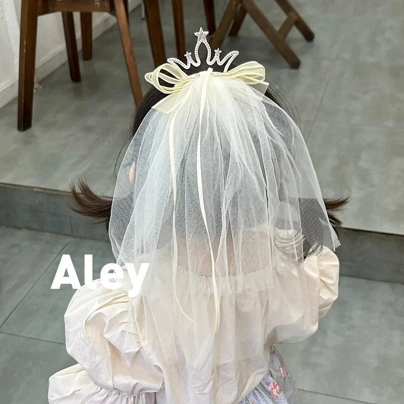 韩新款公主风生日皇冠头纱儿童压夹顶夹飘带披纱发夹蛋糕帽头饰