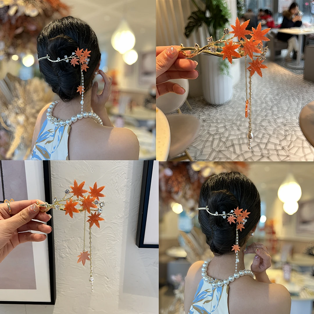 锌合金亚克力发饰 枫叶起舞流苏盘发发夹古风气质一字夹新款头饰