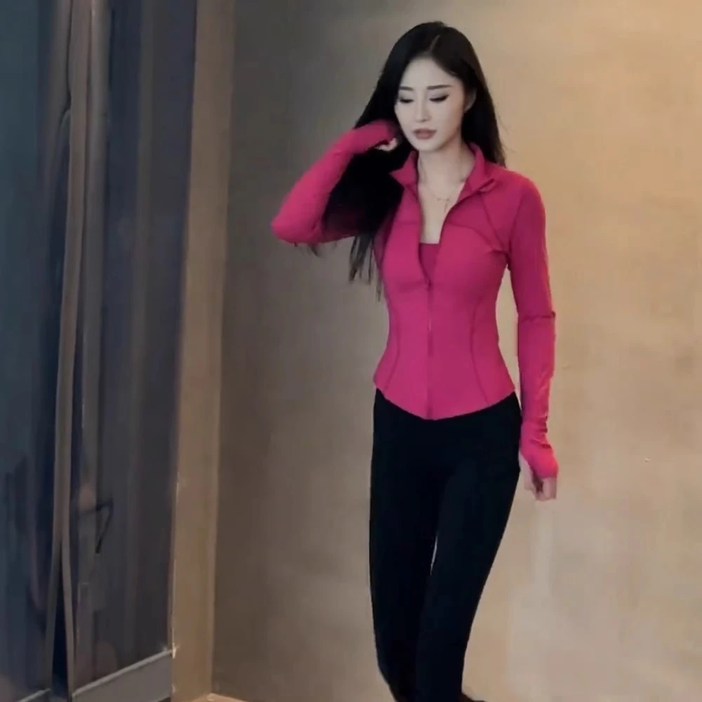 运动外套女秋季新款立领修身显瘦收腰长袖瑜伽服跑步训练健身上衣