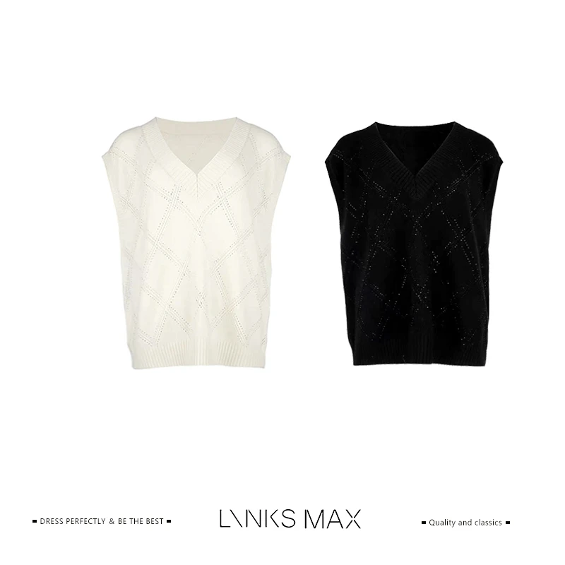 【芳芳专属】Links Max 【衬衫叠搭】烫钻时尚V领菱格针织马甲8081