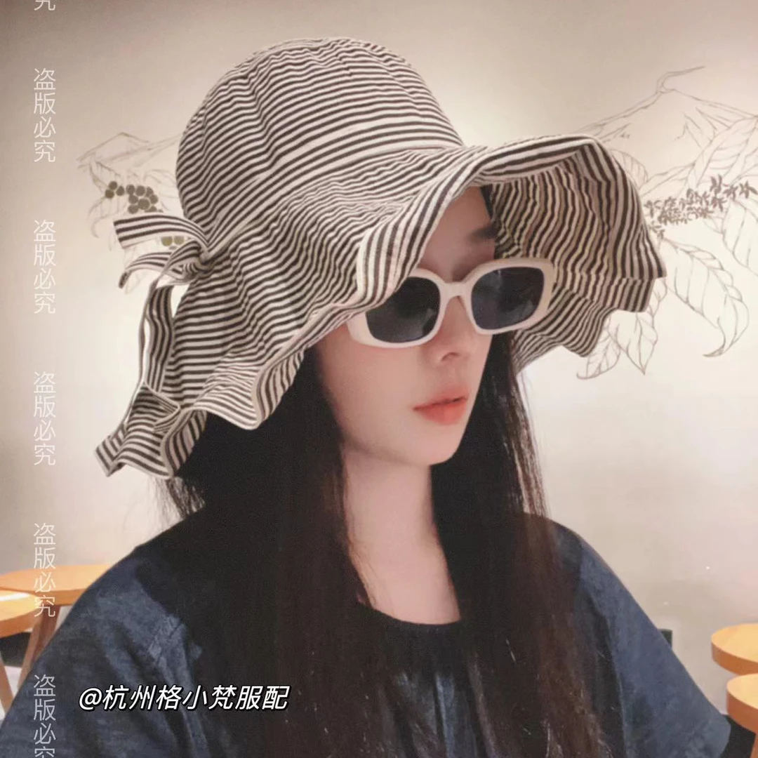 UV织带显脸小夏季时尚百搭条纹帽子女渔夫大帽檐遮阳帽防晒大头女