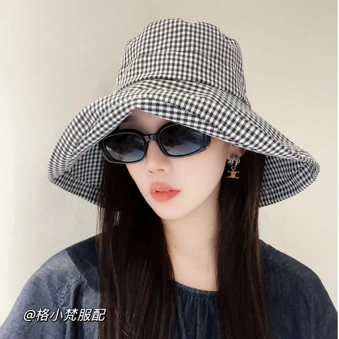 千鸟格韩版春夏百搭可折叠渔夫帽女户外遮阳防晒显脸小出游帽子