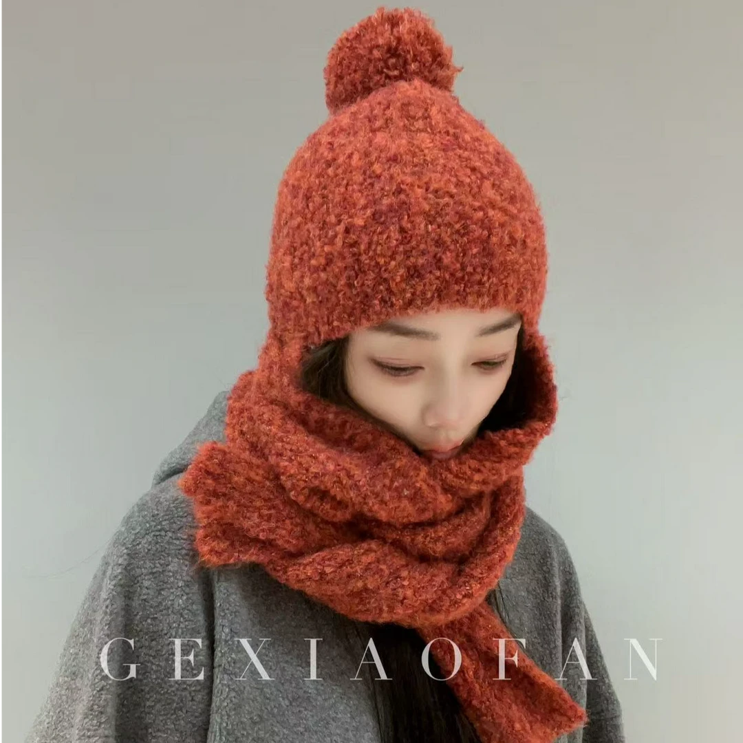 格小梵圈圈纱羊毛混纺毛球显脸小法帽围巾帽子一体护耳保暖针织帽