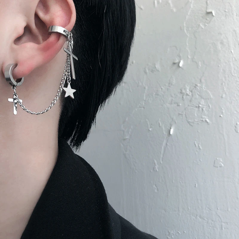 潮男十字架耳环耳夹无耳洞女酷暗黑港风一体耳骨夹耳坠