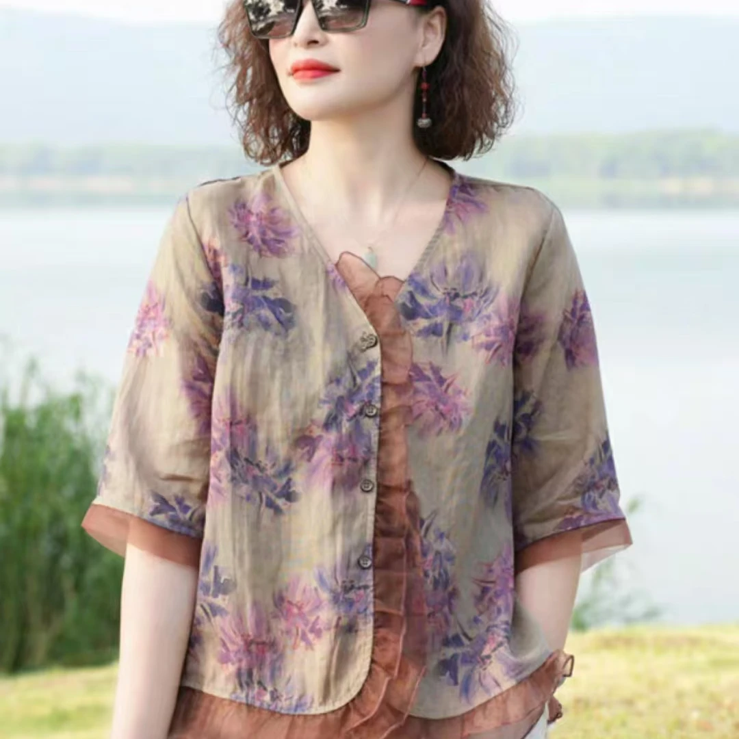 扣号秋款女休闲宽松时尚碎花飘逸衬衫舒适简约花纹时髦黑色水洗