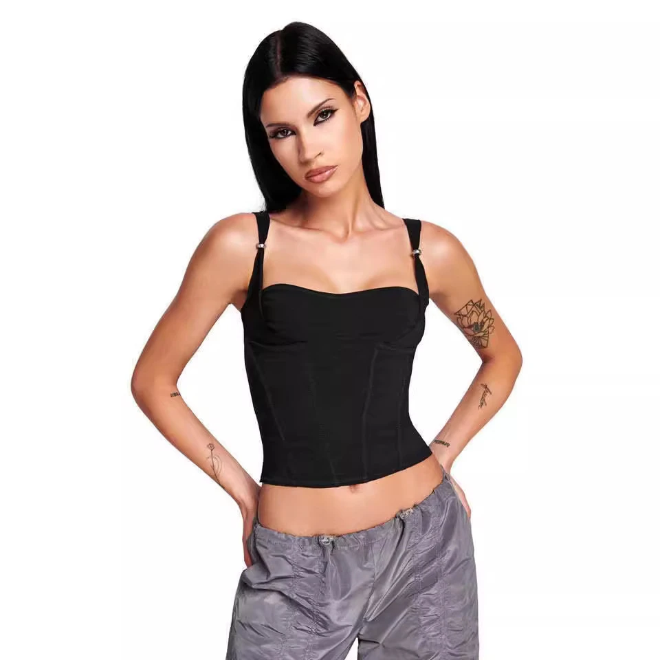 iamgia欧美街头辣妹黑色拼接弹力内搭吊带修身百搭露脐短款背心女