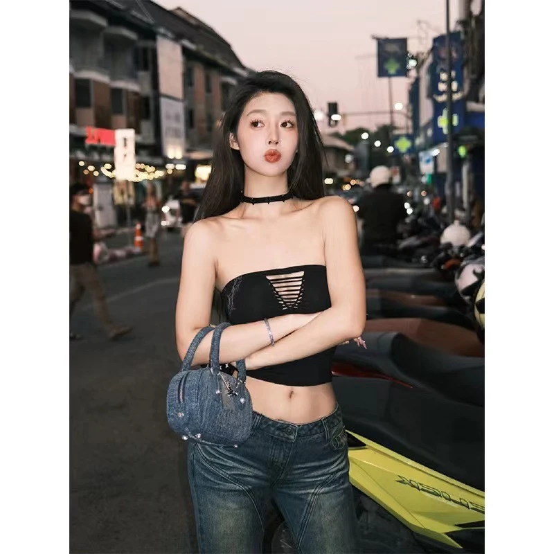 iamgia辣妹修身印花抹胸纯欲风镂空短款露肩性感背心2023春夏新款