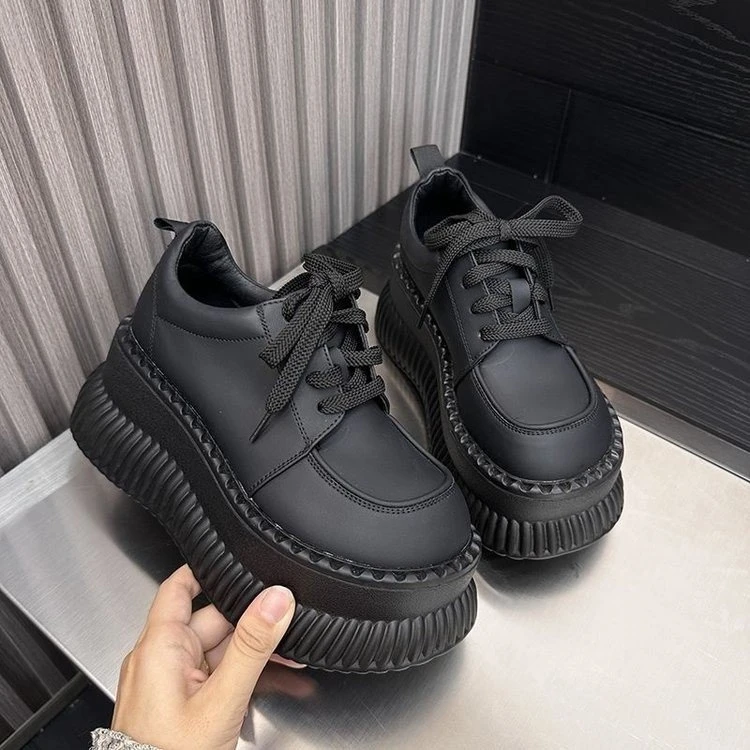 2025新款时尚百搭英伦风小皮鞋子女松糕厚底乐福鞋黑色运动休闲鞋