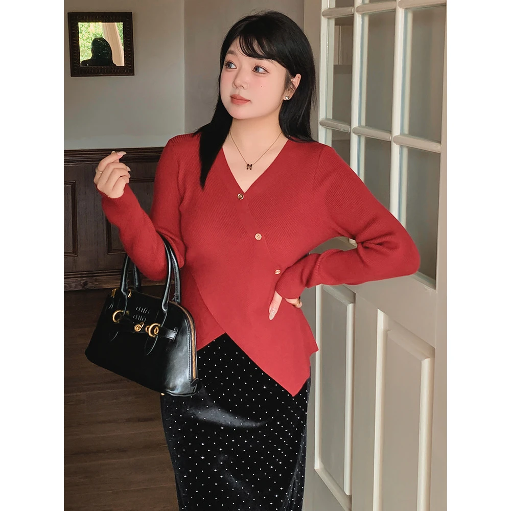 大码女装设计感不规则上衣2024冬新款胖mm宽松针织衫女毛衣