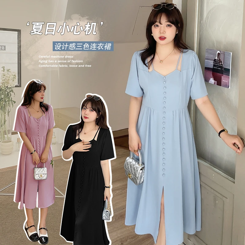 大码女装夏装2025新款胖妹妹遮肚子显瘦法式复古高级感吊带连衣裙