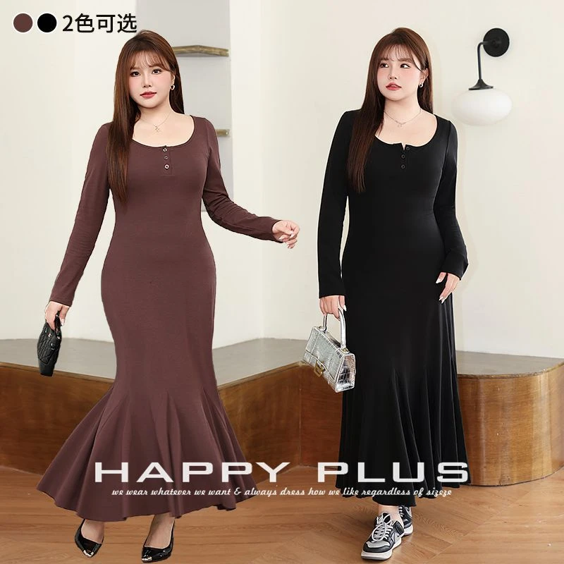 大码女装微胖mm纯欲显瘦显高鱼尾长款打底连衣裙秋季圆领长袖裙子