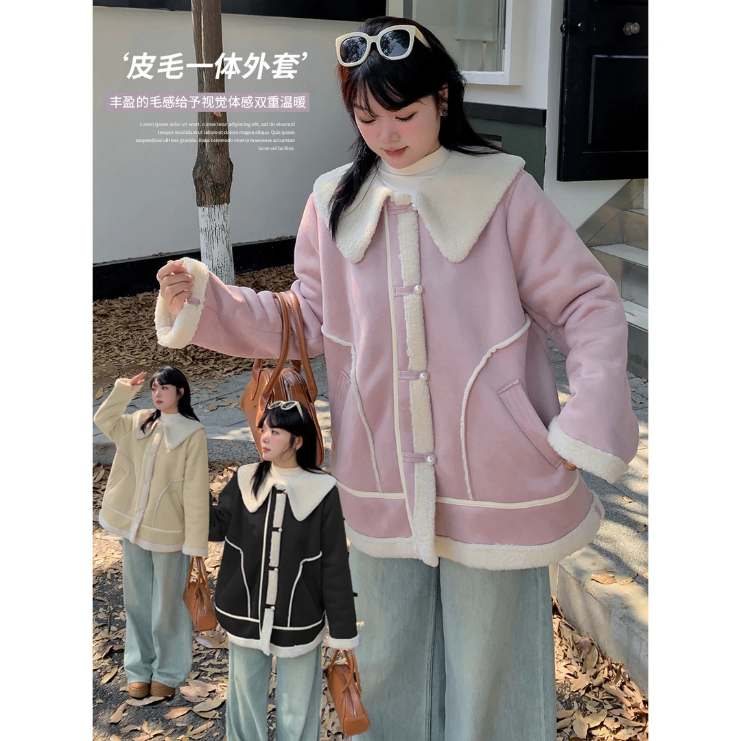秋冬娃娃领羊羔毛外套大码女装200斤胖mm保暖减龄甜美休闲上衣女