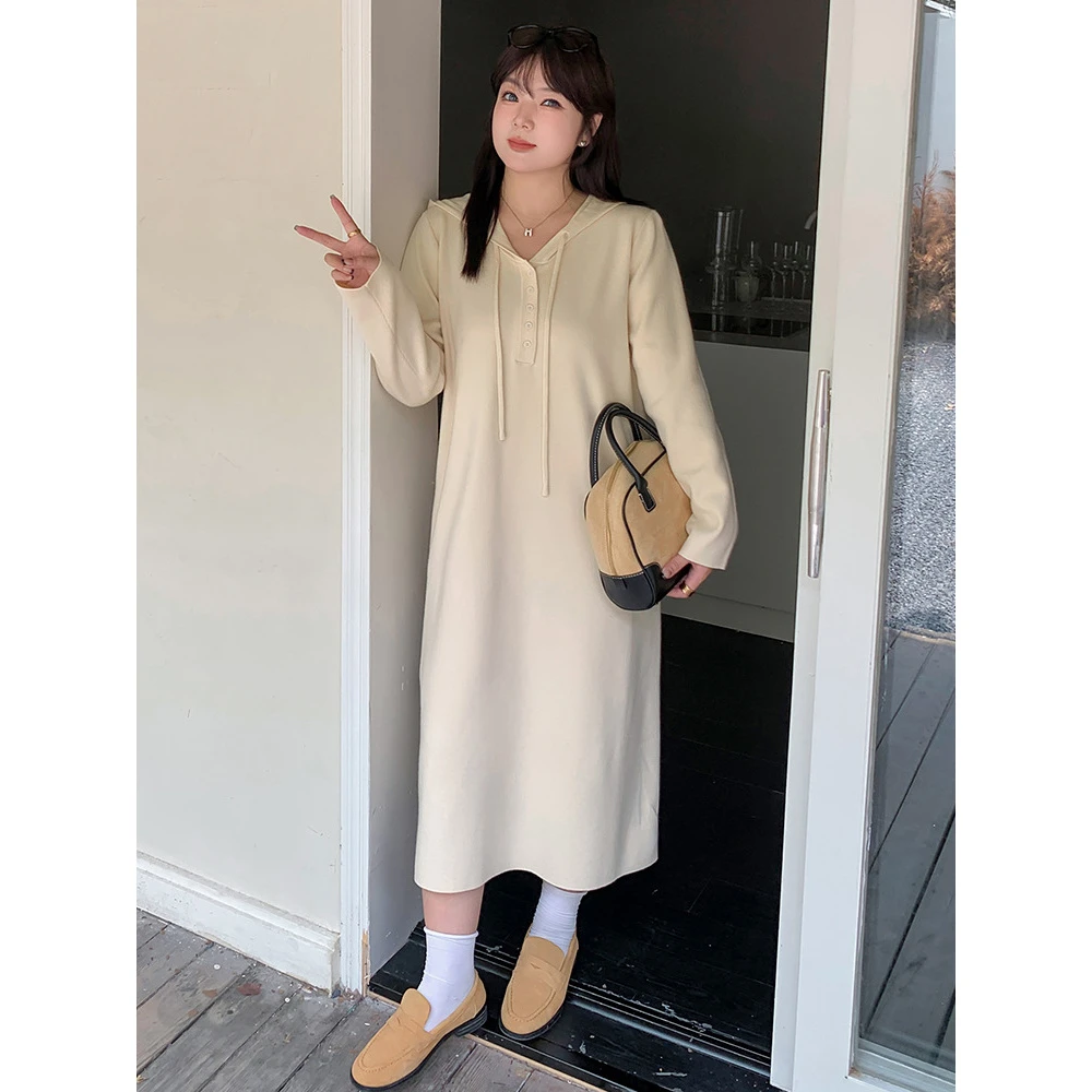 大码针织连帽卫衣连衣裙秋冬新款胖mm显瘦长袖打底内搭长袖裙子