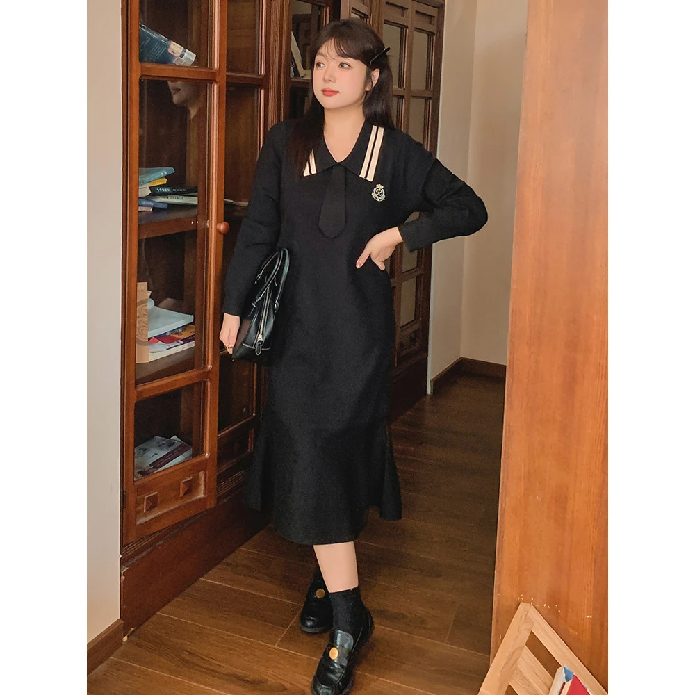 大码女装200斤胖mm学院风减龄中长款针织裙宽松显瘦鱼尾摆毛衣裙