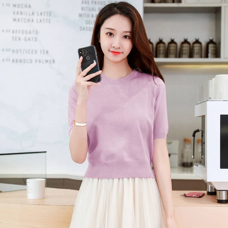 夏季冰丝针织衫女短款薄款短袖t恤洋气百搭显瘦打底衫小个子上衣