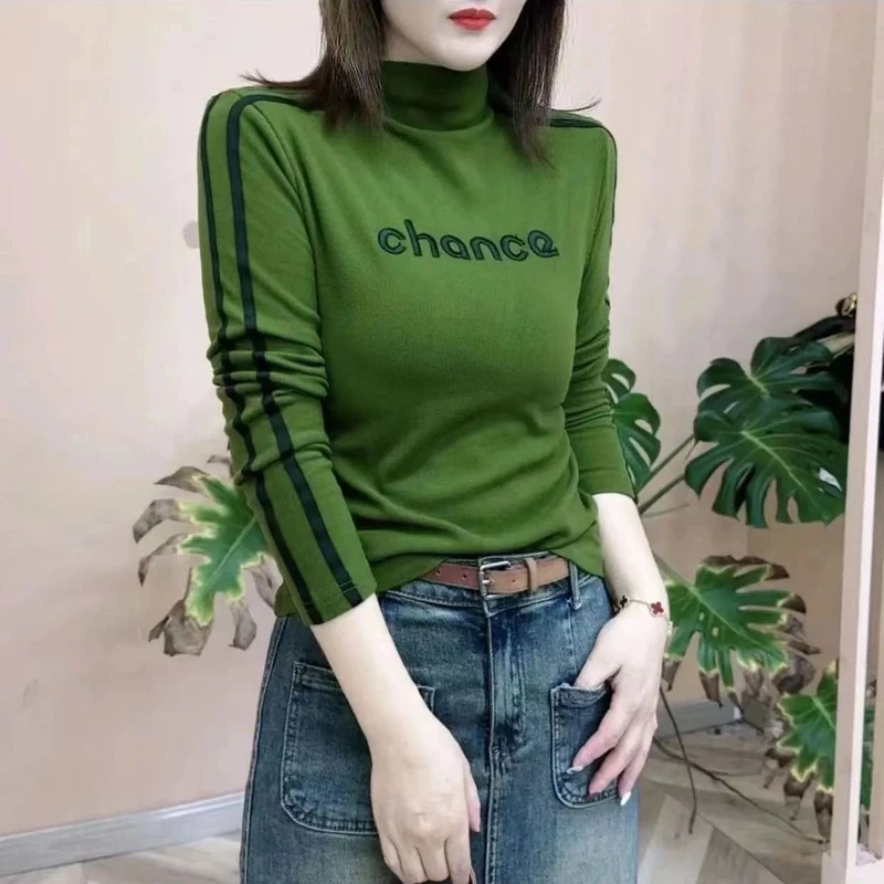 【轻奢女装】德绒秋冬新款长袖t恤女半高领条纹字母德绒打底衫女士