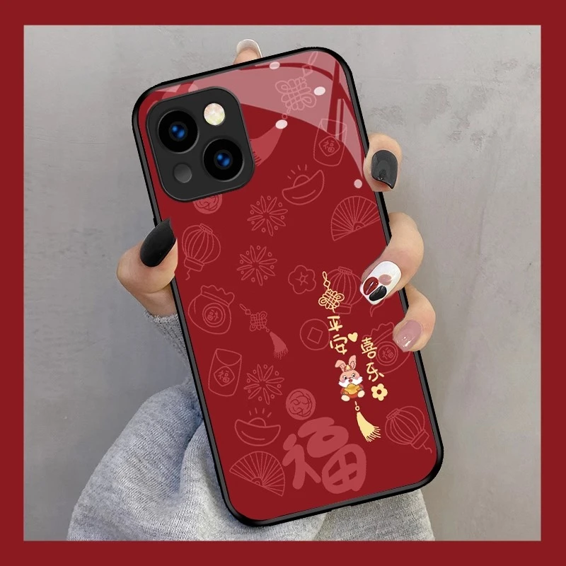 适用苹果/华为/荣耀高级感手机壳oppo/vivo平安喜乐玻璃壳防摔ins
