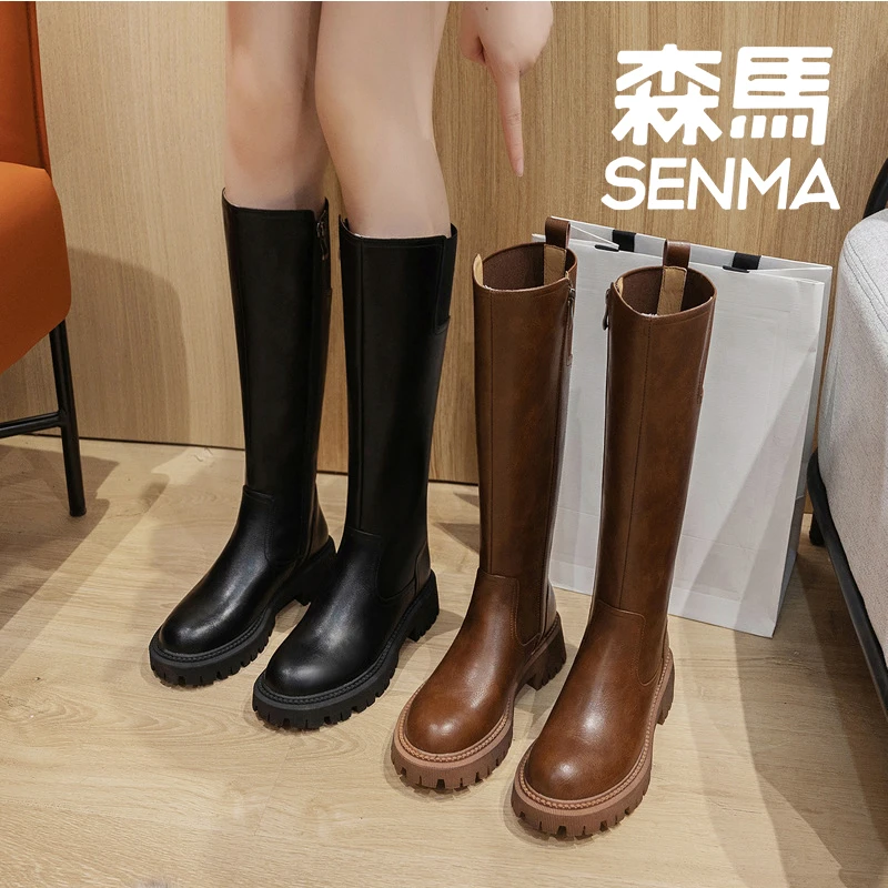 SENMA/森马真品马丁靴女长筒靴秋冬不过膝中高筒女皮面英伦骑士靴