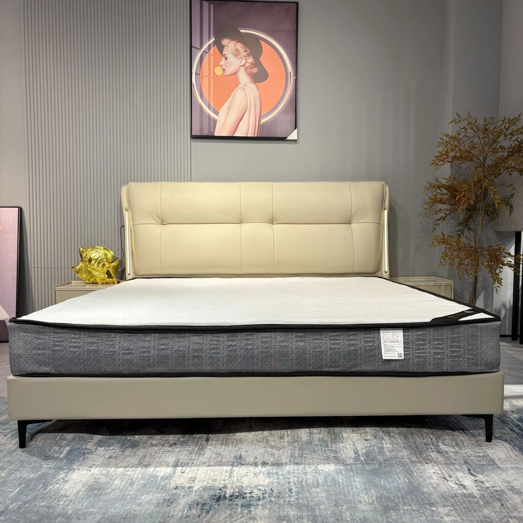 【牛哥严选】808-实木真皮主卧轻奢双人大床皮艺床高脚简约头层