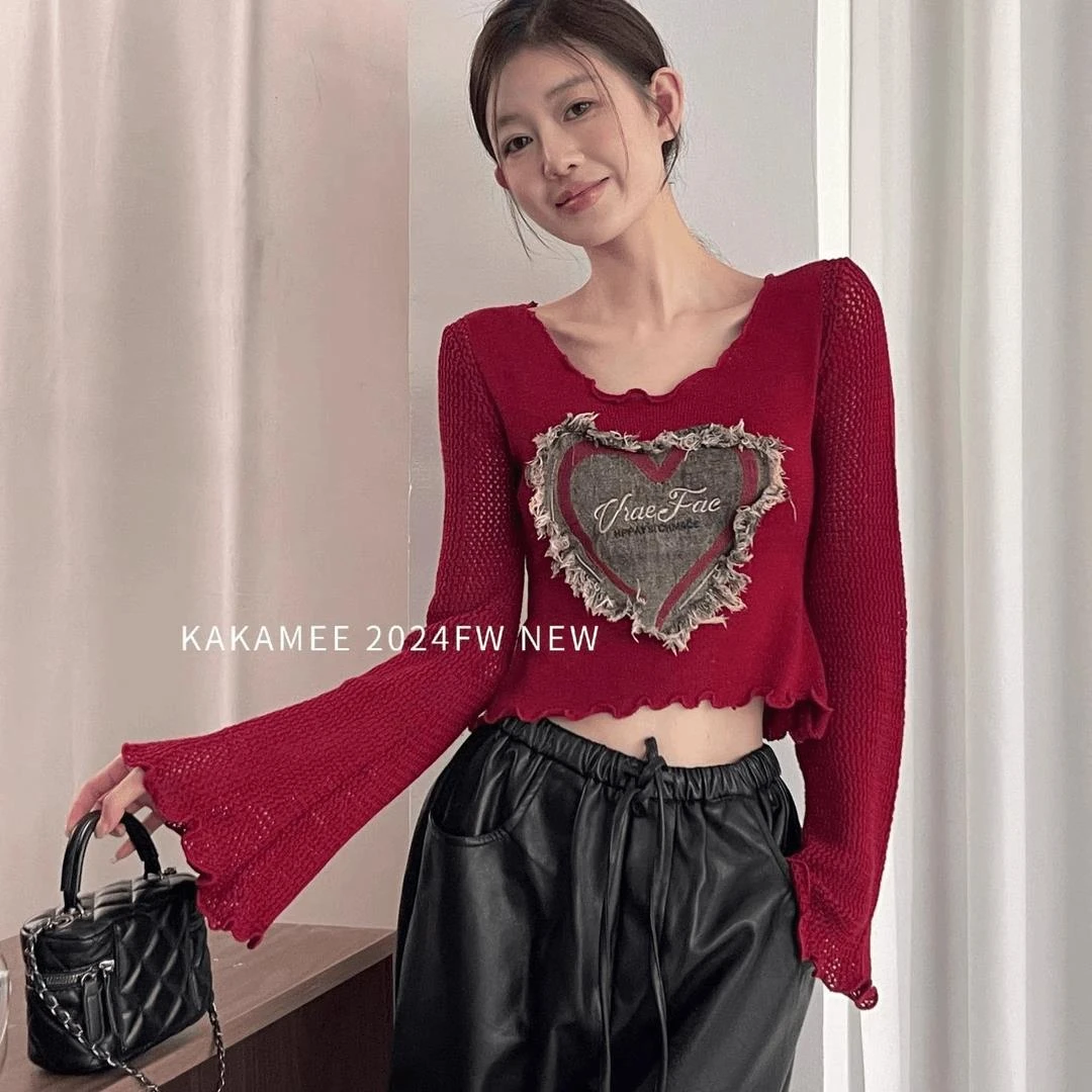 2024秋季小众早秋修身镂空牛仔贴布针织衫女内搭打底衫设计感上衣