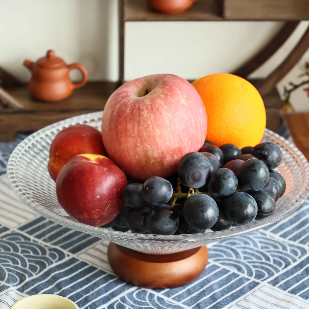 玻璃水果盘橡木底座网红大号水果盆果盘子水摆件家用实用摆件网红
