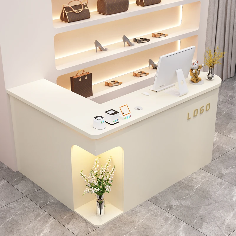 服装店转角收银台L型吧台美容院前台接待台简约现代吧台桌ins带灯