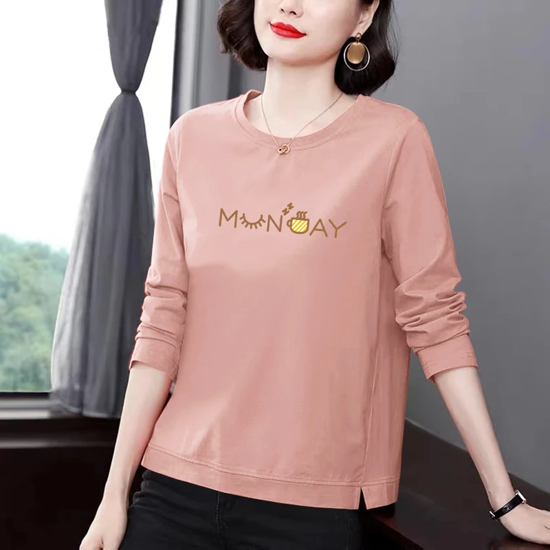 中年妈妈纯棉长袖T恤2023年新款春秋季宽松休闲减龄女装薄款上衣
