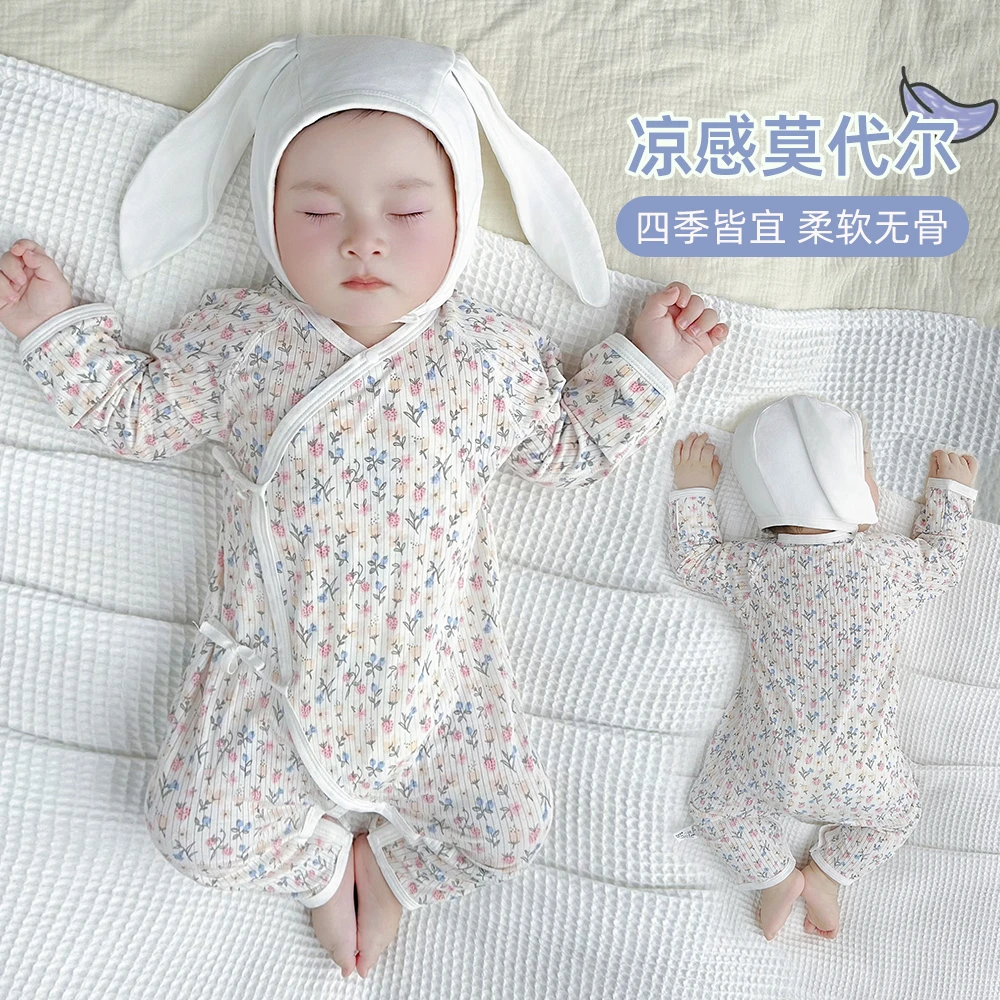 婴儿连体衣夏季薄款衣服新生儿绑带蝴蝶哈衣宝宝长袖睡衣空调服夏