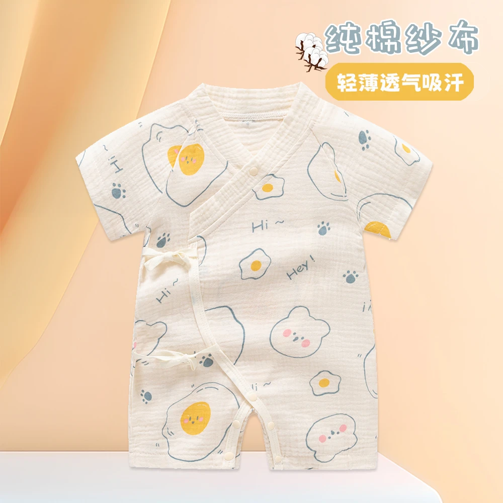 新生儿衣服婴儿连体衣薄款夏季短袖纱布绑带蝴蝶哈衣男女宝宝睡衣