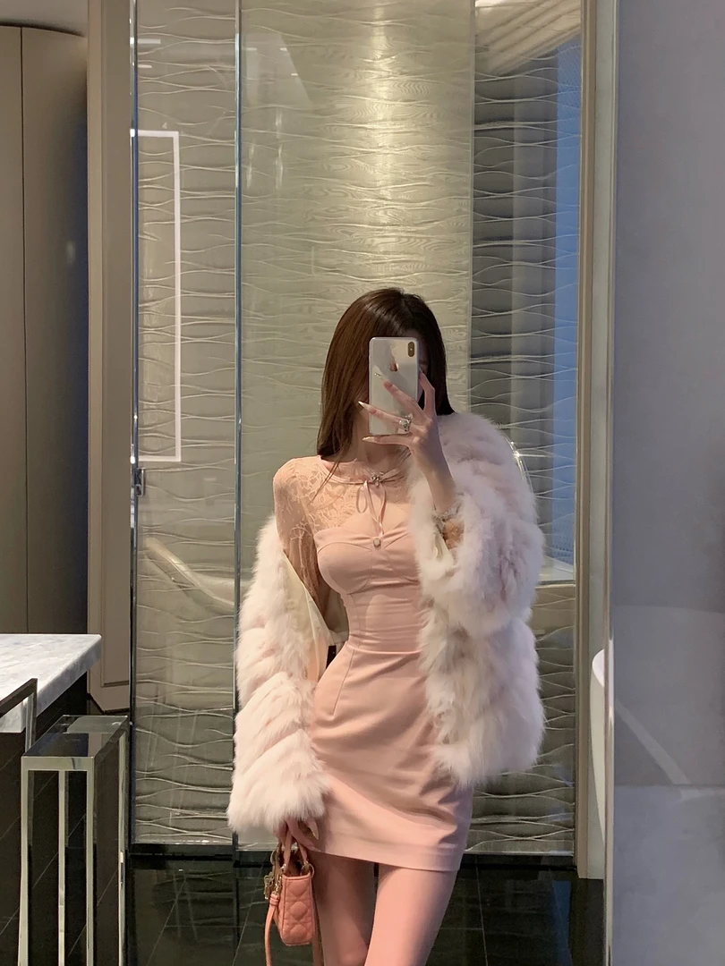 杜总家 娇莞笙梦*原创温婉烟粉色重工蕾丝镂空纯欲秋冬内搭连衣裙