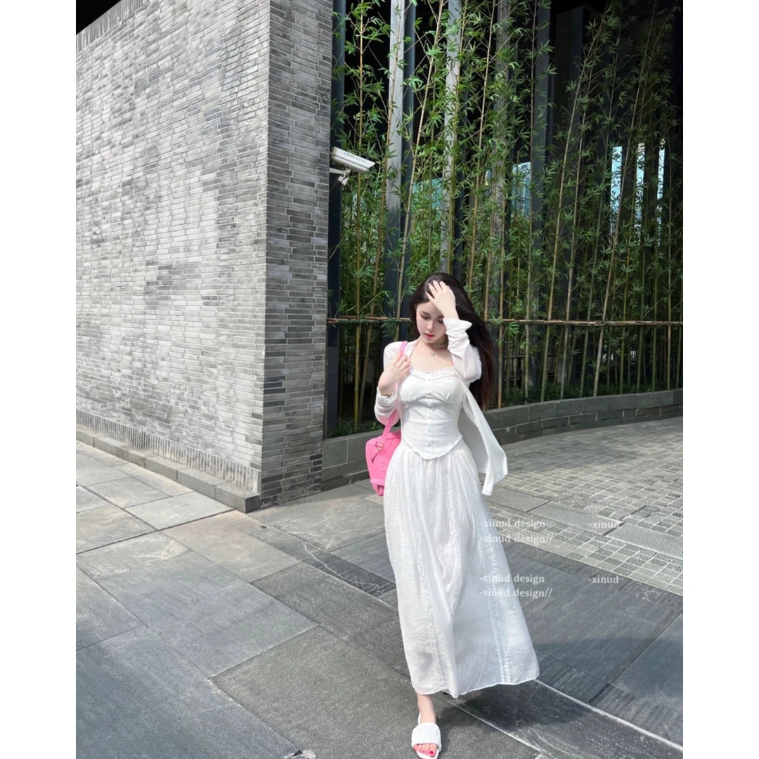 XINUD恋恋纯白开*原创纯欲清纯气质花边吊带蕾丝长裙分体森系套装