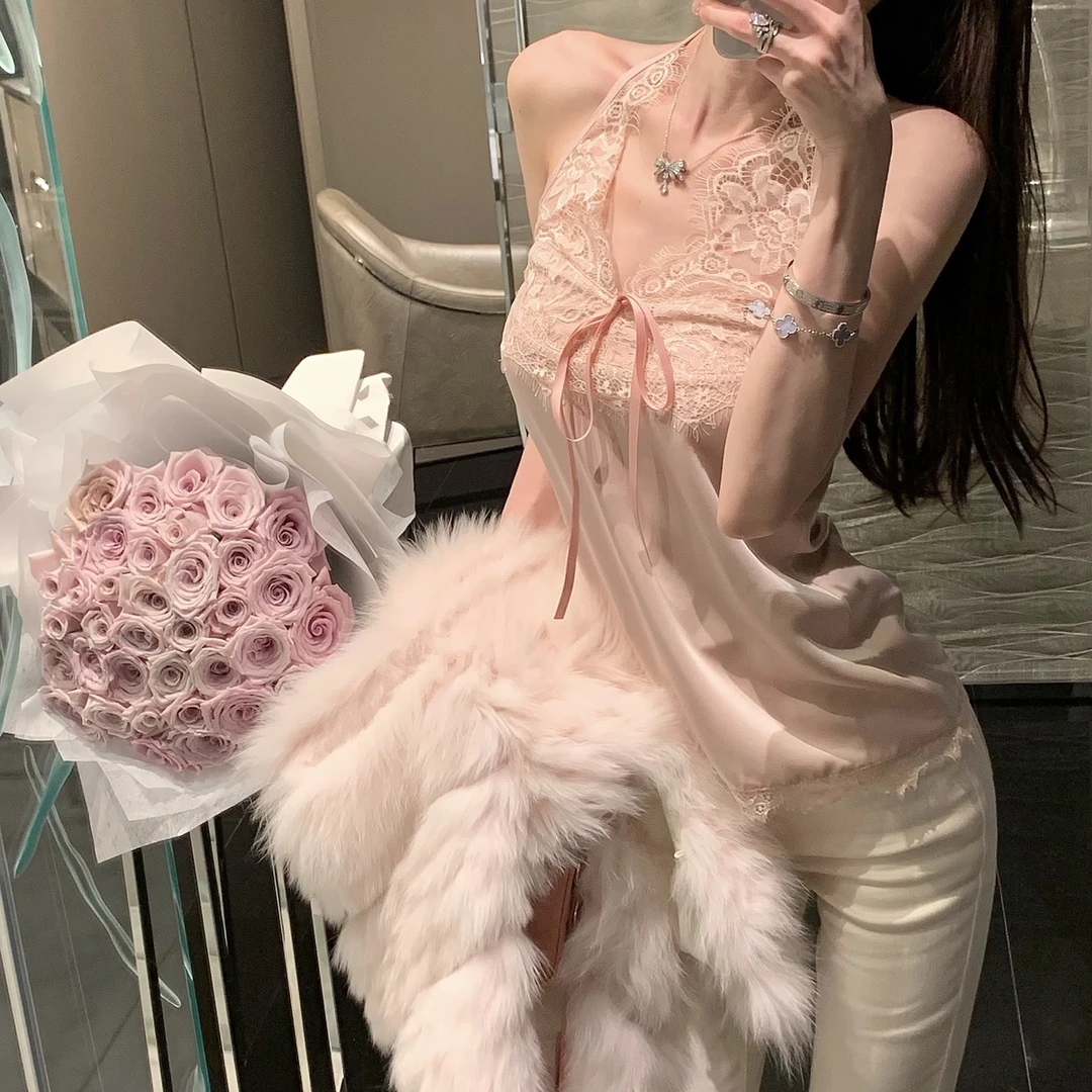 杜总家 娇野芍药*原创性感温柔蕾丝挂脖低领绑带吊带内搭修身上衣