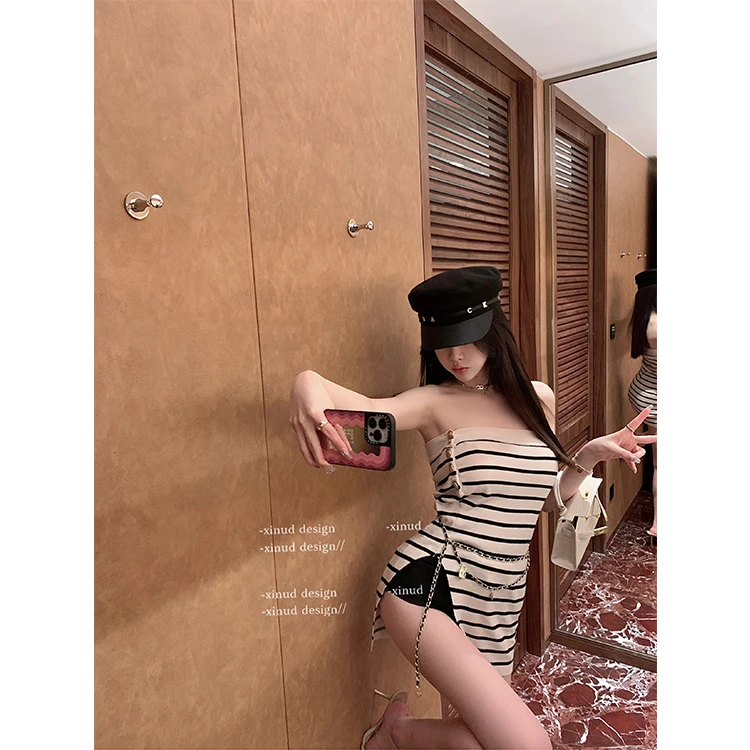 XINUD大小姐驾到*高级感条纹性感修身抹胸开叉针织无肩带女上衣