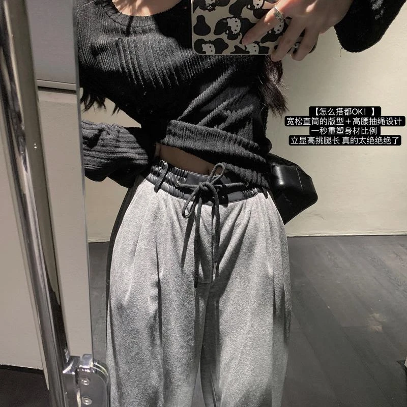 XINUD怎么搭都OK！皮质双拼腰头辣妹百搭舒适休闲宽松直筒卫裤子