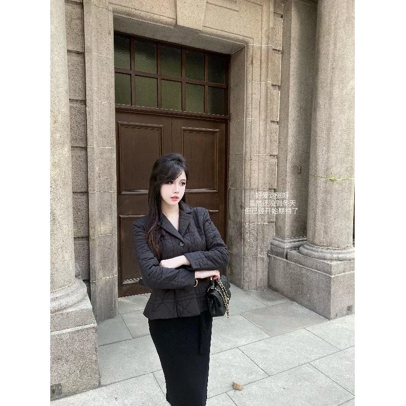 XINUD戴妃*菱格气质千金女人味重工黑色外套收腰A版显瘦棉