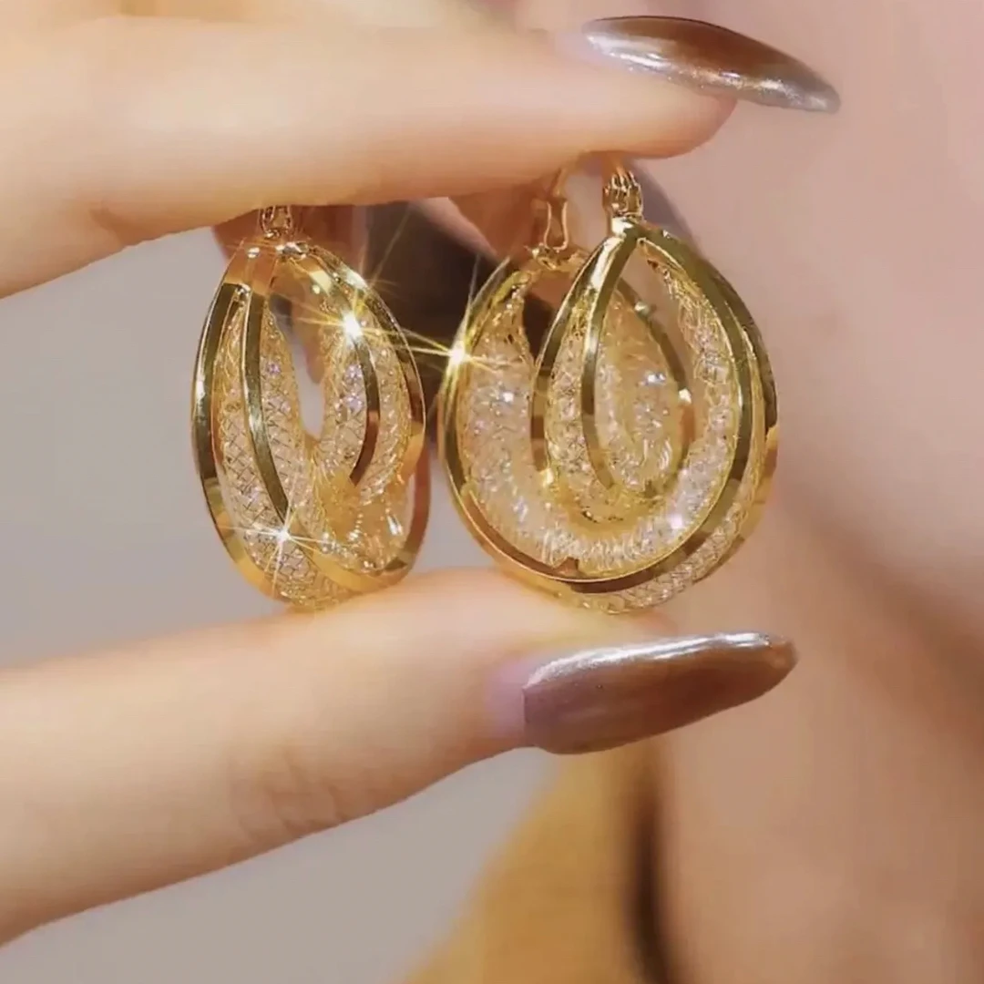 铜合金合成锆石耳饰 212环环相扣时尚高级感金色耳圈耳环气质轻奢