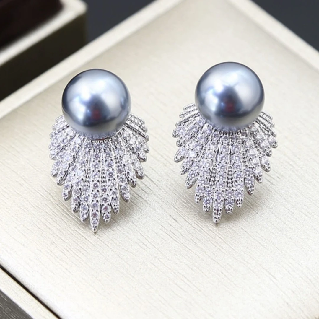 铜合金合成锆石耳饰 合成立方氧化锆087轻奢气质重工灰色珠珠耳钉