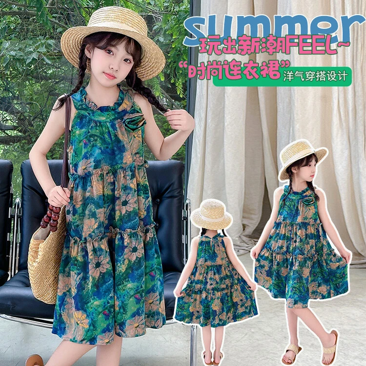 女童24新款连衣裙甜美夏季多色拼接碎花女童中大童