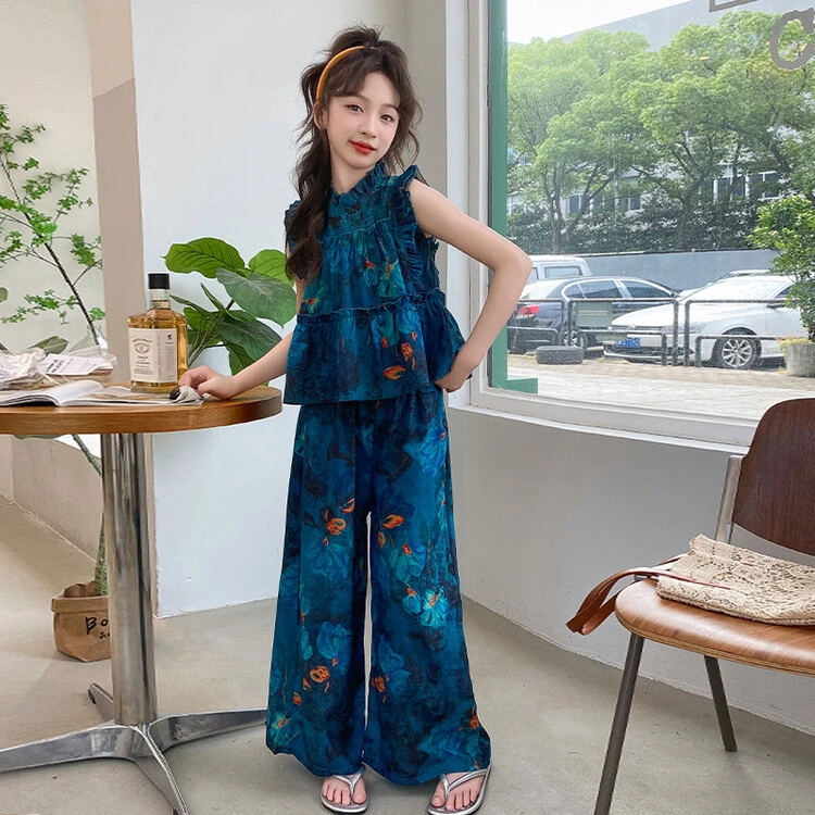 女童夏装24休闲时尚夏季孔雀蓝套装