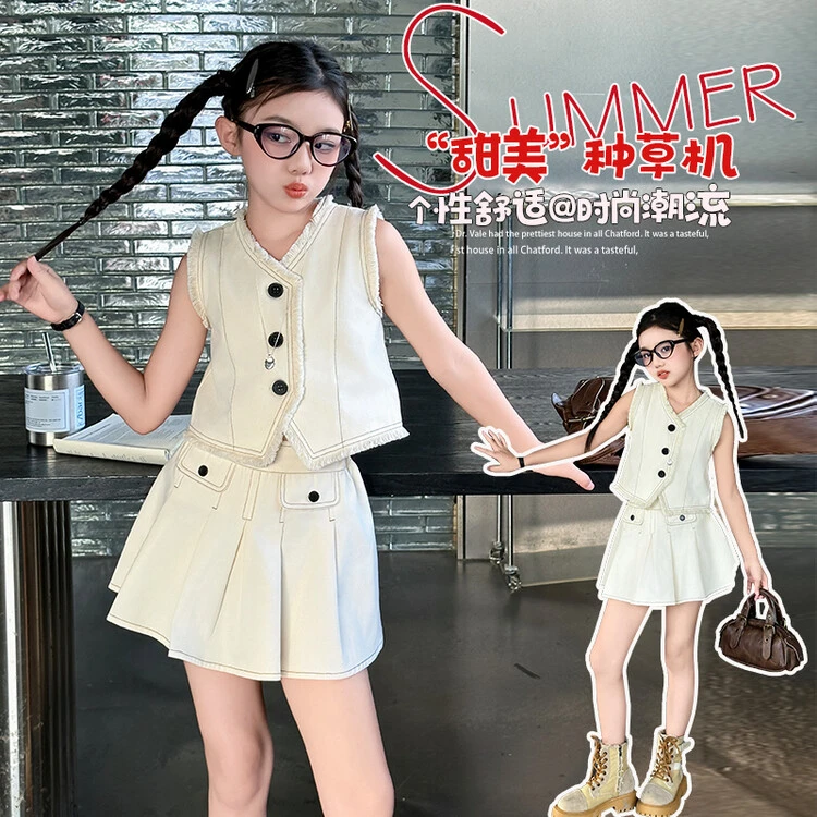 套装甜美夏季纯色女童中大童