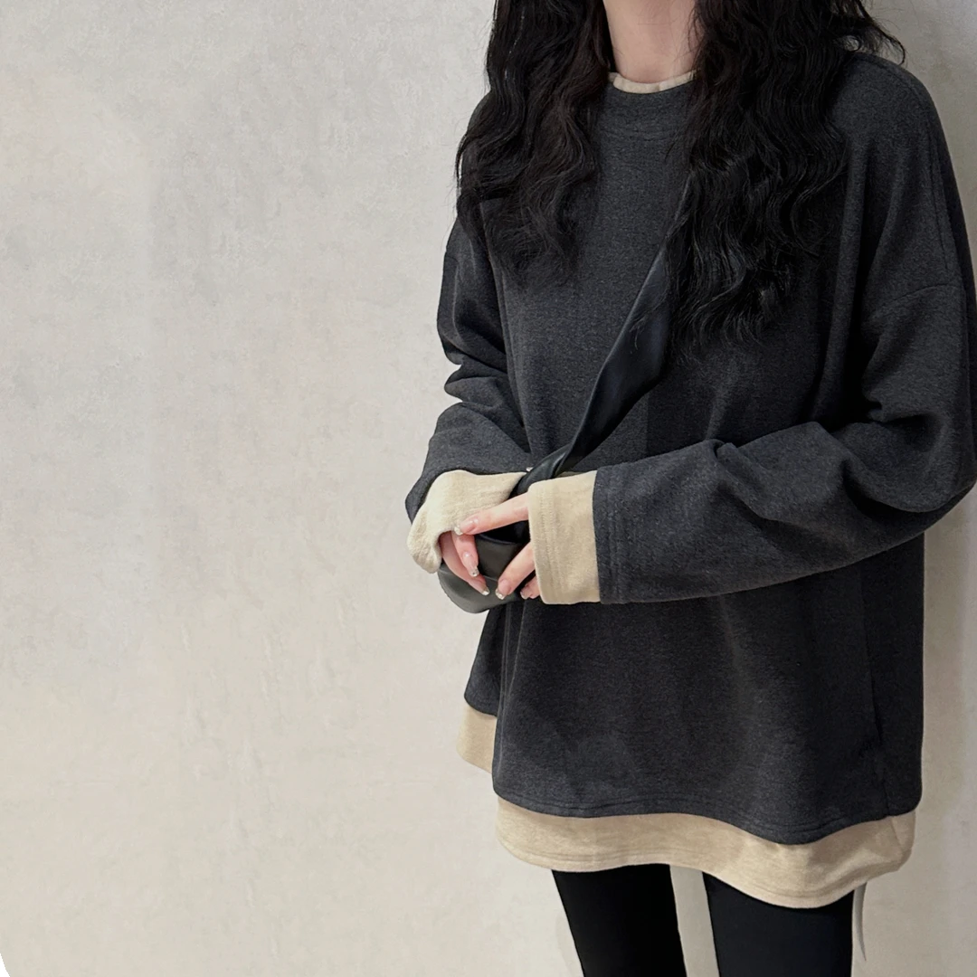 撞色假两件长袖T恤女秋冬宽松内搭打底衫遮屁股鲨鱼裤搭配的上衣