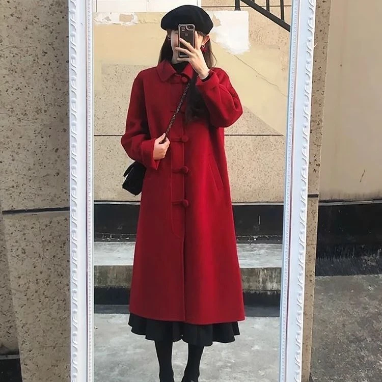 高贵上档次女装妈妈长款毛呢大衣复古盘扣红色呢子女2023秋冬新款