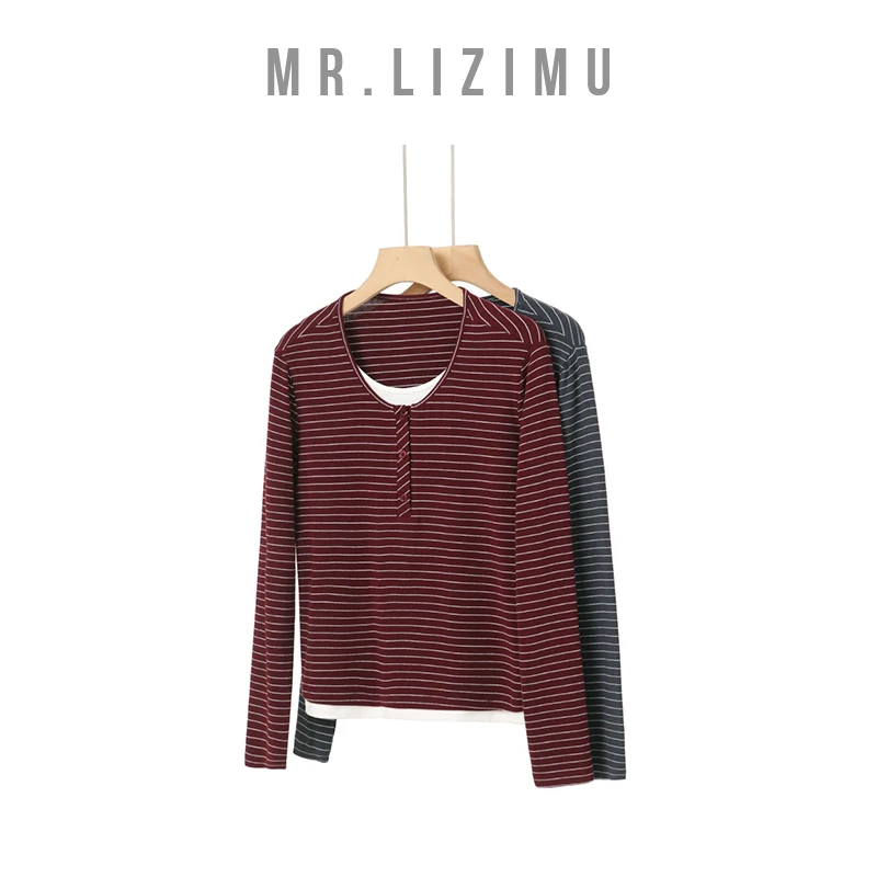 李子木先生条纹假两件拼接T恤2024秋季新款女时尚百搭打底C7125