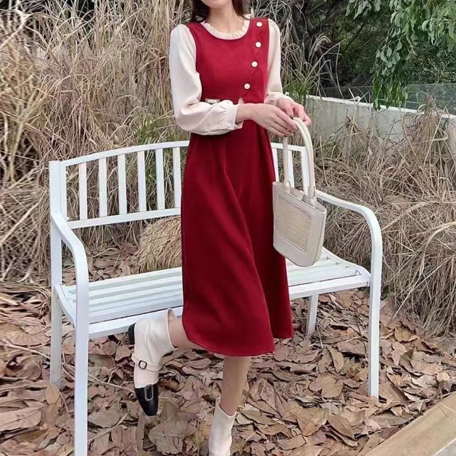 【仟媛】1618#（裙长105）假两件法式轻熟风气质修身显瘦中长款裙子