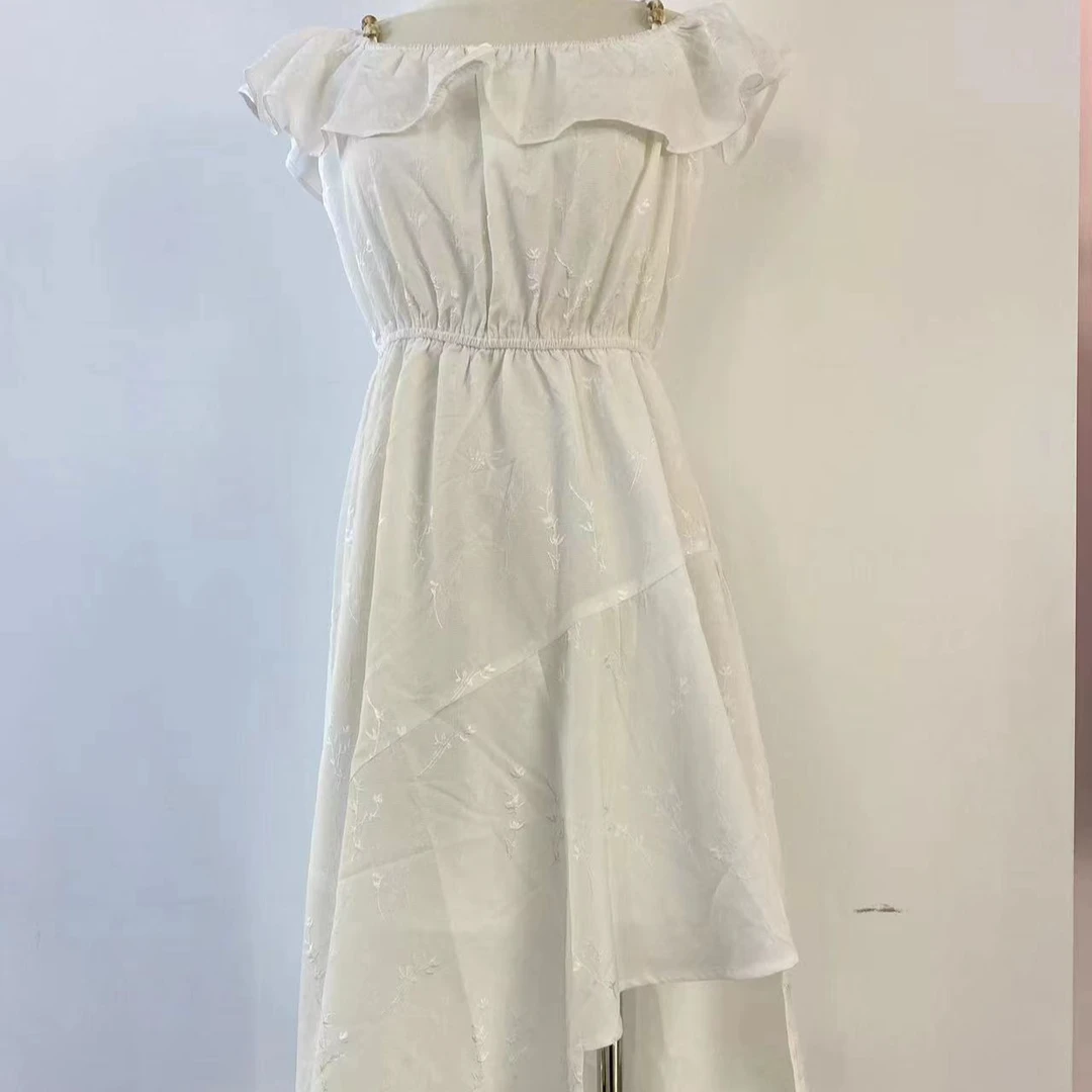 【仟媛】6422#（裙长107）法式一字肩荷叶边吊带连衣裙气质时尚