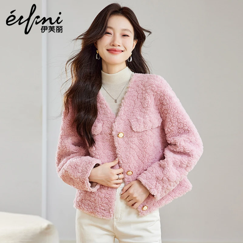 伊芙丽折扣女装时尚休闲皮草短外套2024冬季新款V领羊羔毛上衣潮